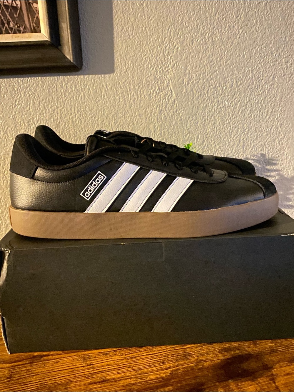 adidas Black Sneakers with White Stripes and Gum Sole